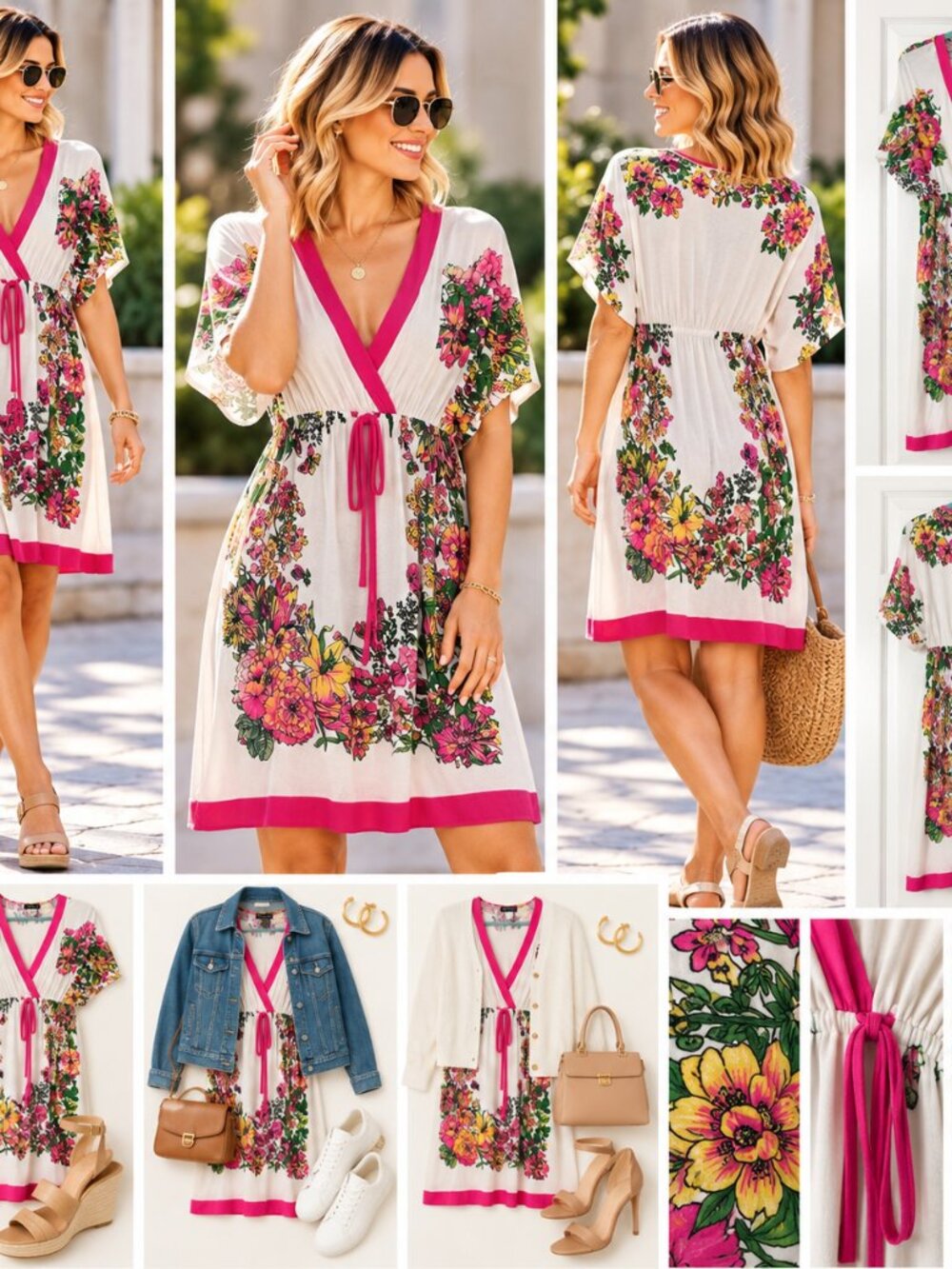 VENUS Floral Surplice Dress Pink White Kimono Sleeve Size M